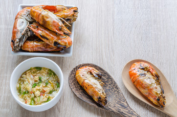 Thai style barbecue, grilled shrimp with seafood spicy dipping sauce