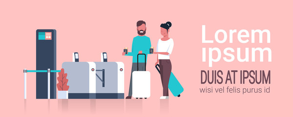 Couple Of Tourists With Suitcases Checking In At Airport Passing Through Security Scanner For Registration Flat Vector Illustration
