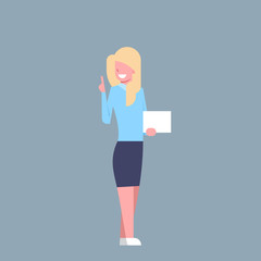Business Woman Hold White Empty Card Office Worker Character Businesswoman Flat Vector Illustration