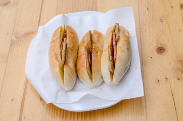 Baguette bread with meat filling, street food in Vietnam and Thailand