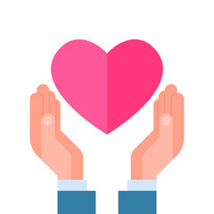 Hands Holding Pink Heart Shape Isolated Over White Background Valentines Day Concept Flat Vector Illustration