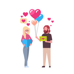 Couple Holding Presents And Heart Shape Air Balloons Isolated Valentine Day Holiday Concept Flat Vector Illustration