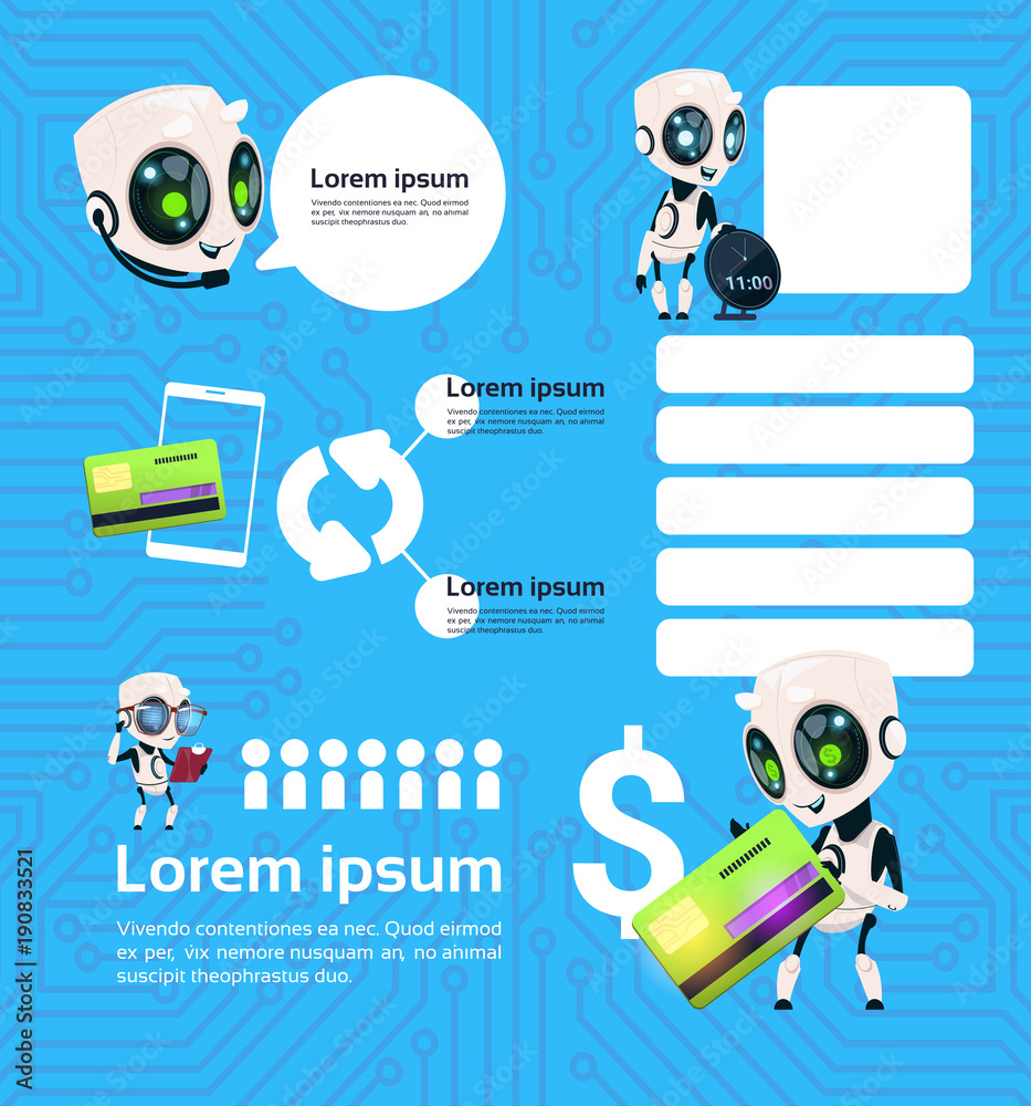 Poster set of modern robot technology chatbots service on blue background with circuit artificial intellige