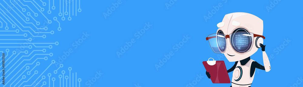 Poster cute smiling robot using digital tablet chat bot over circuit background horizontal bannner with cop