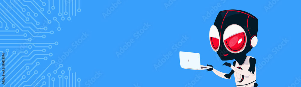 Poster robot hacker with laptop computer over circuit background horizontal bannner with copy space flat ve