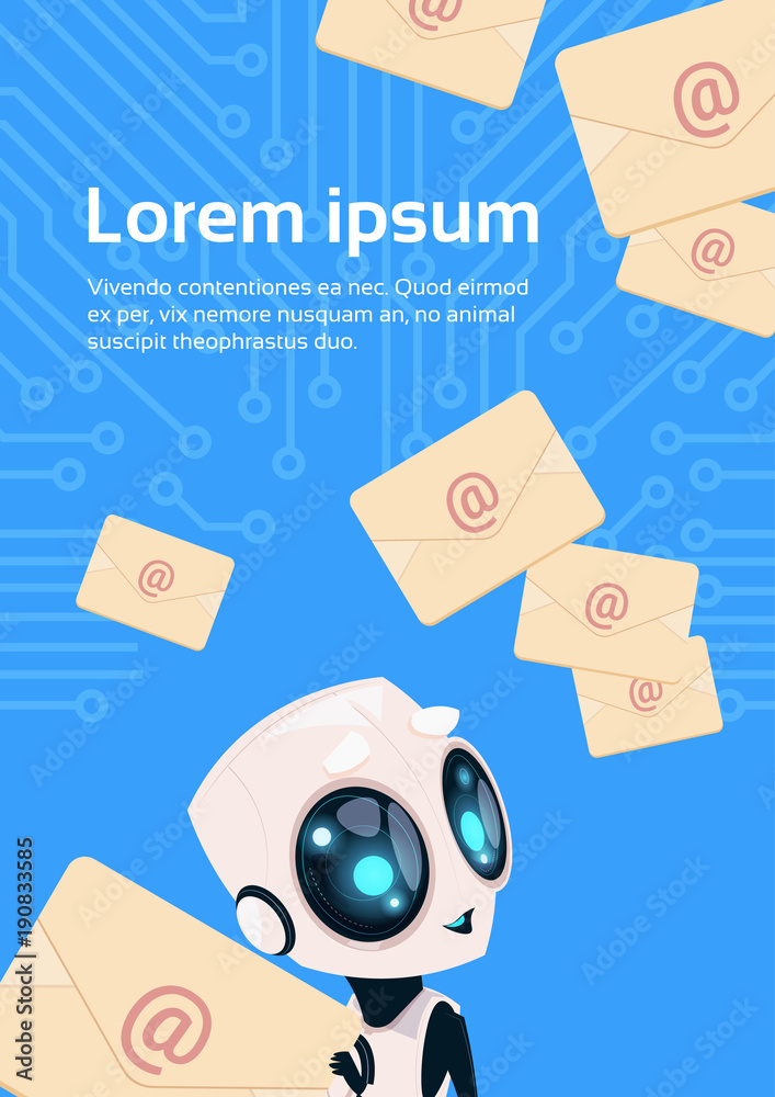 Poster modern robot with email messages chat bot over circuit background with copy space flat vector illust