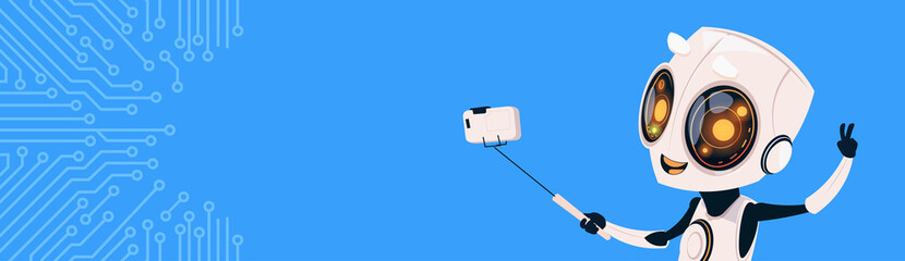 Cute Robot Take Selfie Photo On Smart Phone Over Circuit Background Horizontal Bannner With Copy Space Flat Vector Illustration