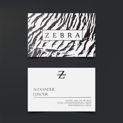 Luxury fashion business cards vector template, banner and cover with zebra texture pattern details on white. Branding and identity graphic design
