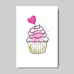 Cute Cupcake On Valentine Day Greeting Card Doodle Design Sketch Love Postcard Vector Illustration
