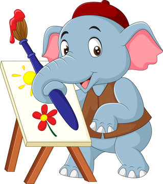 Cartoon cute elephant drawing a picture