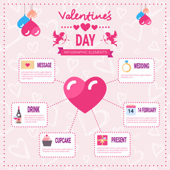 Valentines Day Infographic Set Of Template Elements Icons Over Pink Background, Love Holiday Info Graphic Flat Vector Illustration