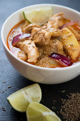 Closeup of thai massaman curry with chicken meat in a white bowl, selective focus, vertical shot