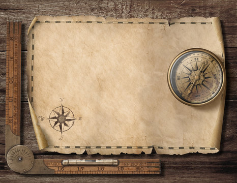 Fototapeta Old blank map background with compass. Adventure and travel concept. 3d illustration.