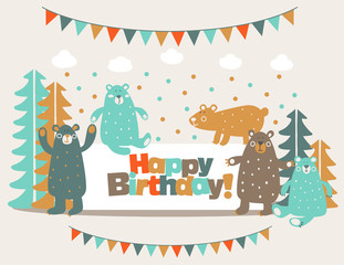 Happy birthday - lovely vector card with funny cute bears in forest and garlands