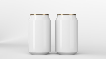Two small white and gold aluminum soda cans mockup on white background