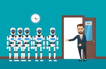 businessman invited group of robots android to his office room