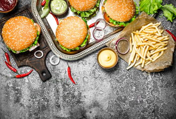 Street food. Fresh burgers with vegetables and fries.