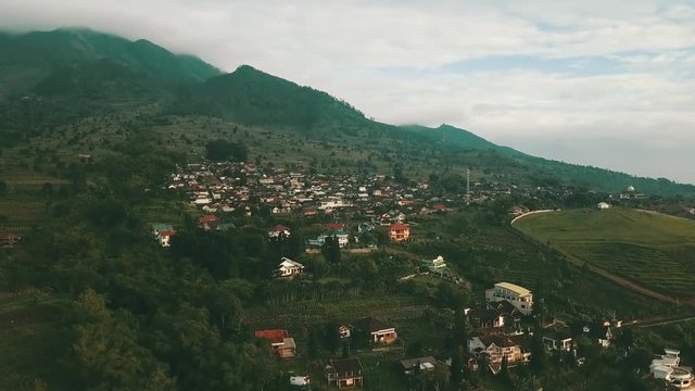 Beautiful aerial footage of village landscape on a mountain in Semarang, Indonesia. Shot in 4k resolution on the morning