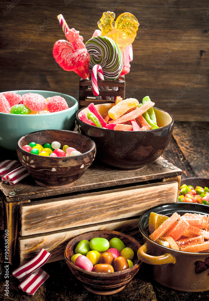 Canvas Prints Different sweet candy, jelly, marshmallows and candied fruits.