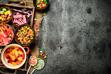 Various sweets, candies, jelly, marshmallows and candied fruits.