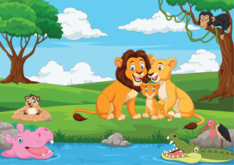 Cartoon lion family in the jungle - obrazy, fototapety, plakaty