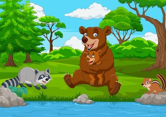 Fototapeta premium Cartoon brown bear family in the forest