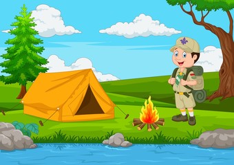 Cartoon scout with tent and fire