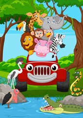 Cartoon wild animal riding a red car in the jungle