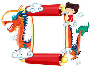 Paper template with chinese dragon and girl