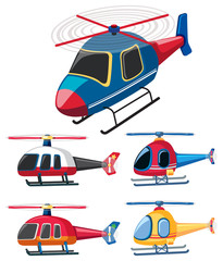 Five different designs of helicopters