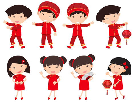 Chinese boys and girls in red outfit