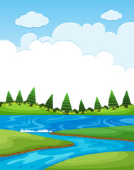 Background scene with river and pine trees