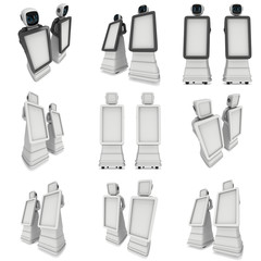 Fototapeta premium Robot Promoter Set Trade show booth with Blank LCD Screen. 3d render isolated on white background. Ad template promo bot for your expo design.