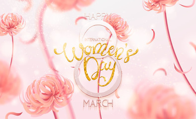 8 March Happy International Women`s Day background. Floral Greeting card, Paper cut flowers and leaves, holiday pattern, trendy Frame. Paper art Design, drawn vector Template, Banner, decor. 