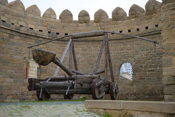 Ancient catapult on a city tower, Baku