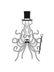sir herr reich gentlemen mustache schnurrbart zylinder hut monokel brille riesig groß böse gefährlich oktopus tentakel unterwasser tintenfisch riesenkrake kraken comic cartoon design clipart