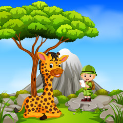 adventurer and giraffe posing with mountain scene