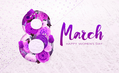 8 March Happy International Women`s Day background. Floral Greeting card, Paper cut flowers and leaves, holiday pattern, trendy Frame. Paper art Design, drawn vector Template, Banner, decor. 
