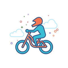 Mountain biker icon in outlined flat color style. Vector illustration.