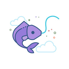 Hooked fish icon in outlined flat color style. Vector illustration.