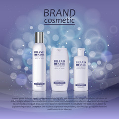 3D realistic cosmetic bottle ads template. Cosmetic brand advertising concept design with glitters and bokeh background