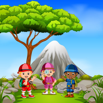 three adventurer in the park with mountain scene