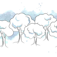 vector white contour trees on blue watercolor background