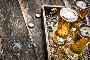 Glasses with fresh beer on an old tray.