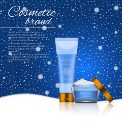 Vector 3D cosmetic illustration on a winter snowing background. Beauty realistic cosmetic product design template.