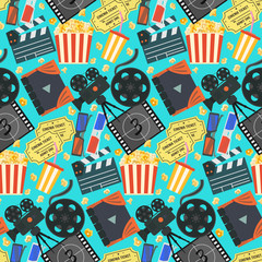 Nice flat vector cinema movie seamless pattern with colorful camera, clapper, tape bobbin, screen, tickets, popcorn, cup and glasses on blue background for textile, wrapping paper, wallpaper, surface