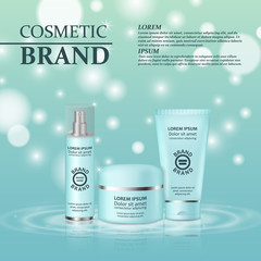 3D realistic cosmetic bottle ads template. Cosmetic brand advertising concept design with glitters and bokeh background