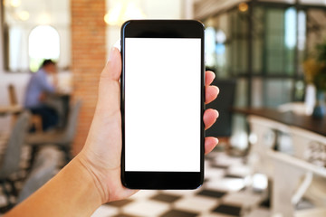 Close up of women's hands holding cell telephone blank copy space screen. smart phone with technology concept