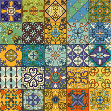 Seamless pattern with portuguese tiles in talavera style. Azulejo, moroccan, mexican ornaments.