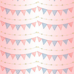 Watercolor vintage flags garlands set Party, baby room and wedding decor elements with various modern patterns. Seamless pattern